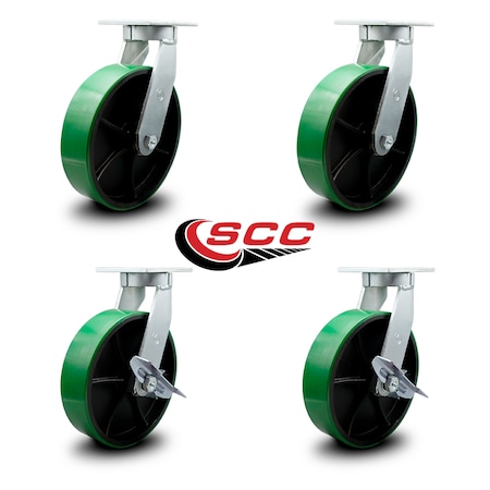 Service Caster 12 Inch Heavy Duty Green Poly on Cast Iron Wheel Swivel Caster Set with 2 Brakes SCC-KP92S1230-PUR-GB-2-SLB-2